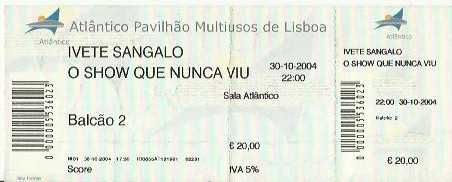 Bilhete usado concerto IVETE SANGALO - Pavilhão Atlântico 2004