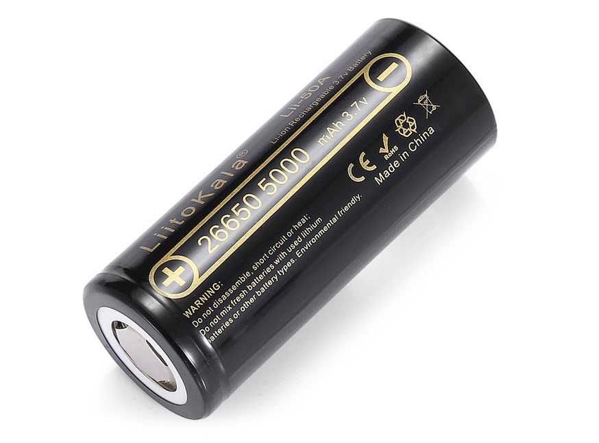 Аккумулятор Li-Ion 26650 LiitoKala Lii-50 5000mAh 3,7v высокоёмкий без защиты с плоским контактом до 25A