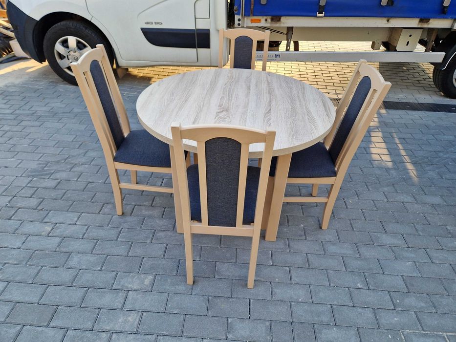 Stół okrągły rozkładany + 4 krzesła , sonoma + grafit , NOWE - OD RĘKI