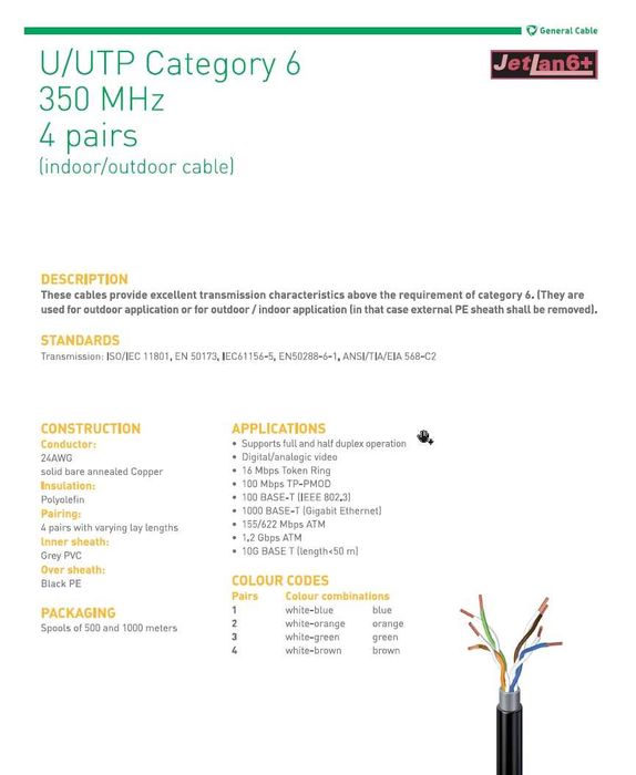 Cabo de rede Lan RJ45 Ethernet Exterior Outdoor C6 Cat6 - Cobre 350Mhz