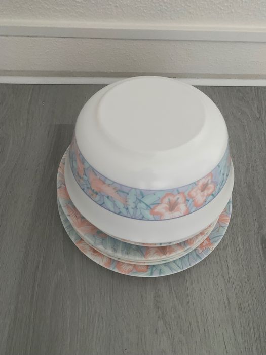 Conjunto de pratos e saladeira com motivos decorativos