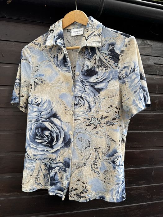Jasnoniebieska koszula w kwiaty krótki rękaw vintage retro M/L