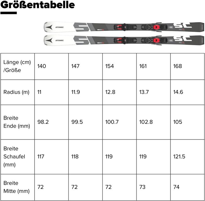 ATOMIC SC REDSTER – szaro-białe narty atomowe 154 cm – lekki sprzęt na