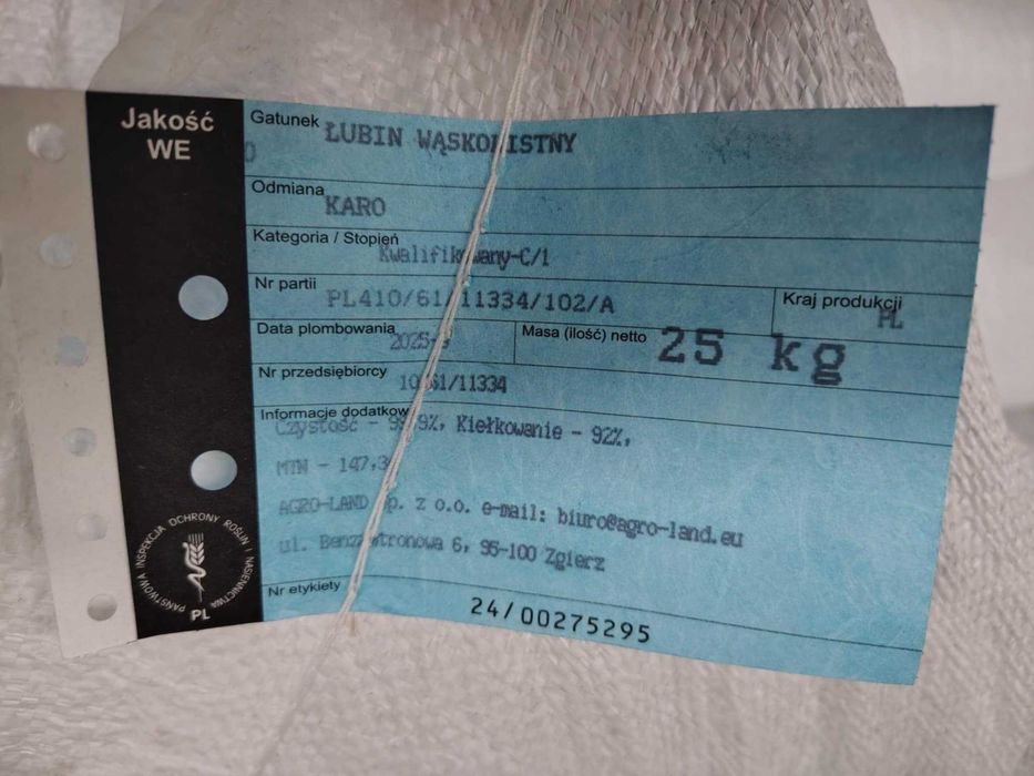 łubin wąskolistny KARO c/1 kwalifikat (owies, jeczmień, kukurydza)