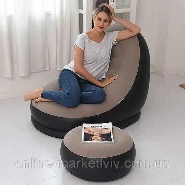 Надувний диван з пуфом Air Sofa - 99х130х76см Intex / Надувне велюрове
