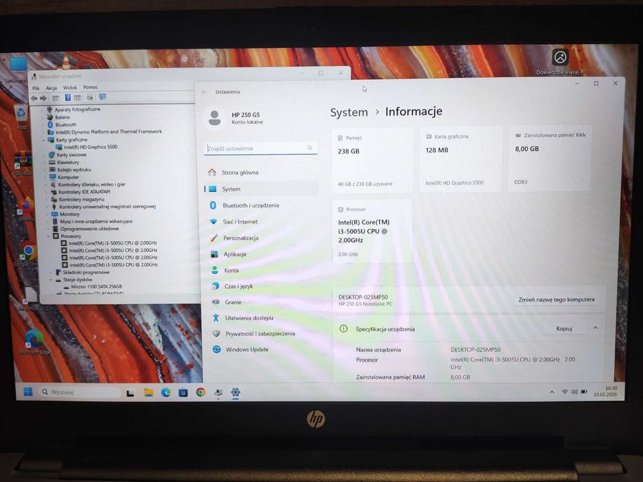 HP 250 G5 i3-5005u 4x2,00GHz 8GB RAM SSD 240GB matryca 15,6" FHD GW FV