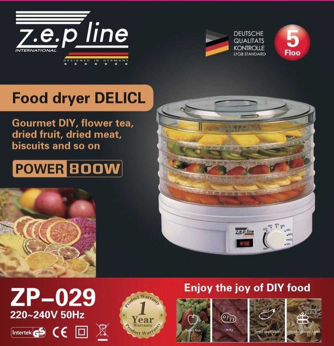 Сушарка НІМЕЦЬКА 5 ЯРУСІВ! 800Вт Zeppline для овочів/грибів/фруктів, дегідратор з контролером температури. Сушилка для овощей грибов, електросушка