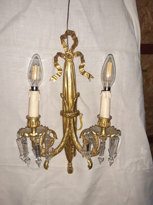 2 kinkiety, duże, mosiężne z  kryształami