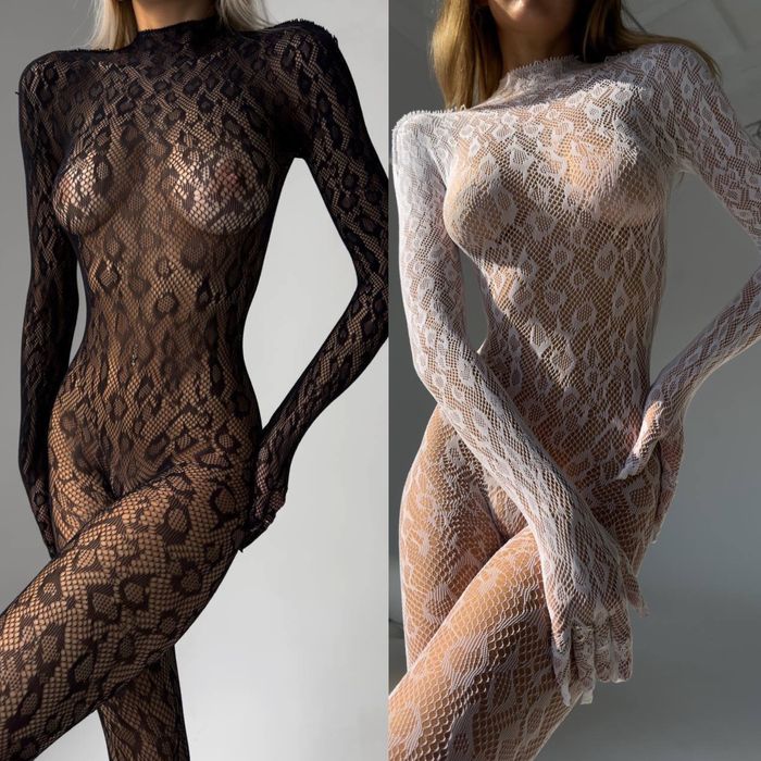 Хіт продажів‼️ Мереживий бодістокінг у повний зріст лео чорний білий