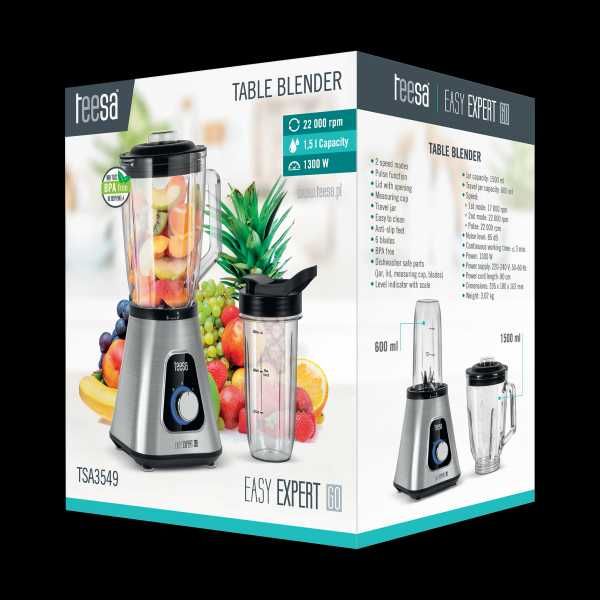 Blender kielichowy 1300W, szklany kielich 1,5L + kubek podróżny 600 ml