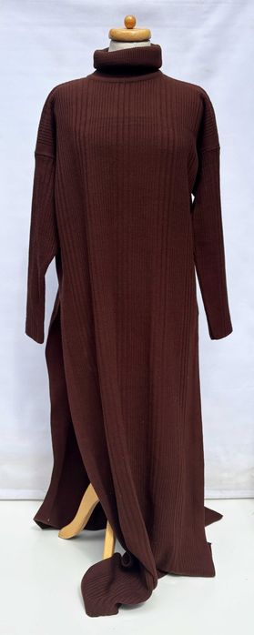 Komplet Sweter Golf Spodnie Brązowy Dzianinowy Wełna M 38 Wełniany