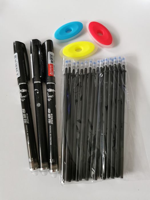 Długopisy ścieralne zmazywalny 3szt + 20 wkładów + 3 gumki
