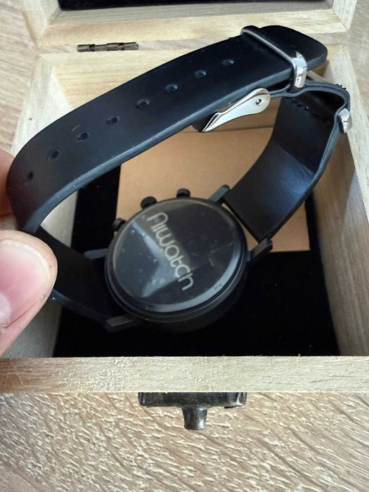 NOWY Zegarek Męski Drewniany NIWATCH CHRONO Heban Stoper Skóra