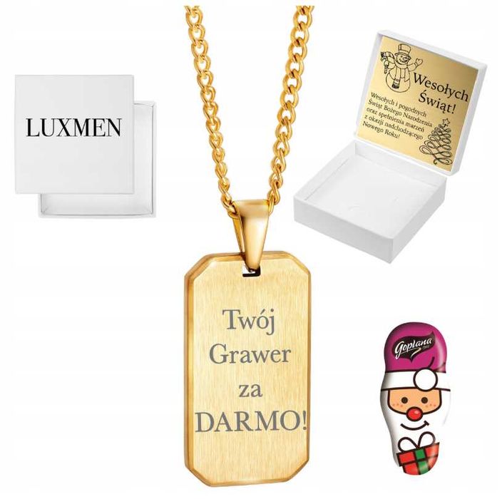 Nieśmiertelnik Męski Złoty z Grawerem Łańcuszek Pancerka Stal GRAWER