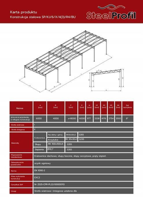 Konstrukcja Stalowa Hali Wiaty JEDNOSPADOWA 6x12x4 Hala całoroczna