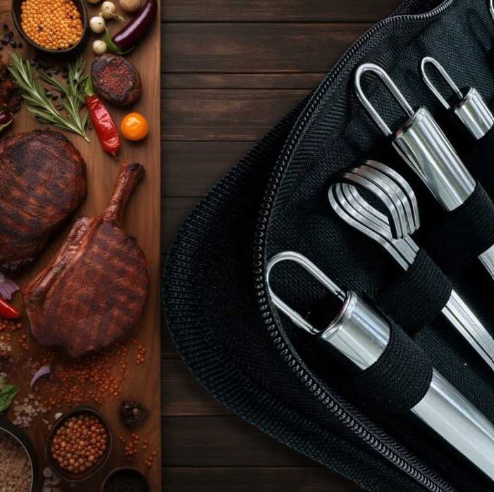 AKCESORIA Przybory DO GRILLA Sztućce Zestaw Grillowy 9W1 Etui BBQ STALOWE Nowe