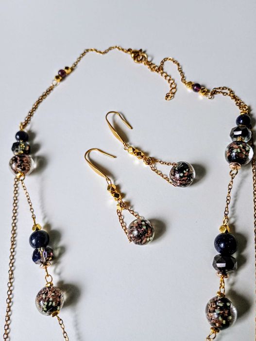 Elegancki Podwójny łańcuszek Czarno złoty Skrzący Lampwork