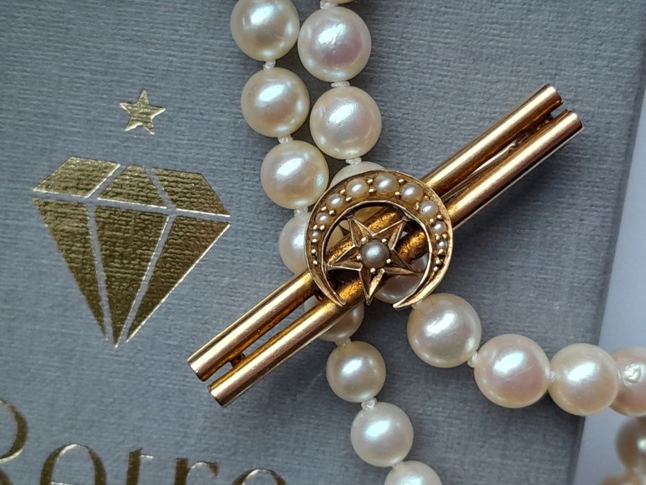 XIXw. Broszka Perły głębinowe Złoto 15k Gwiazda Księżyc Certyfikat