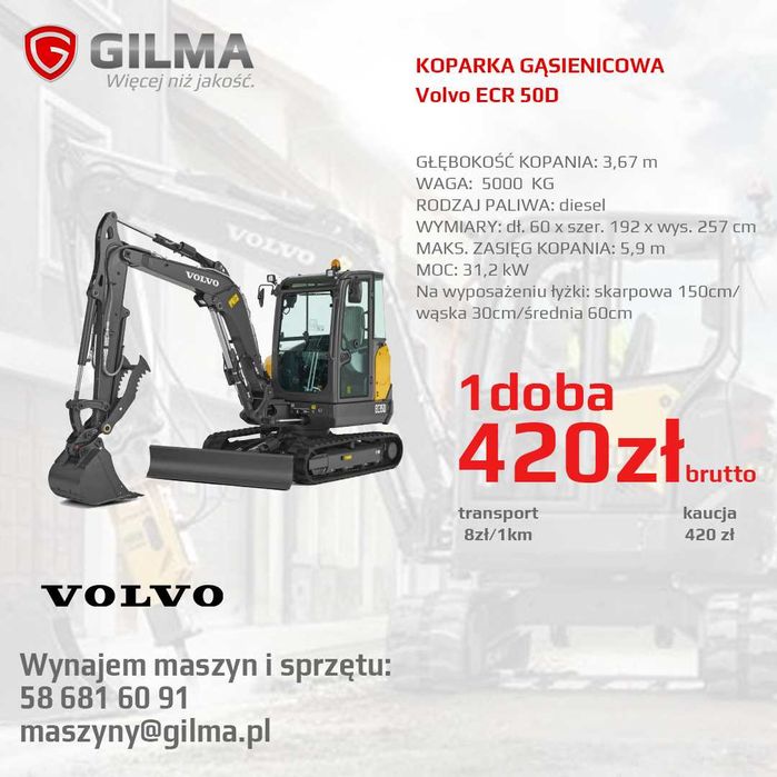 Wynajem Koparka gąsienicowa Volvo ECR 50D, dowóz