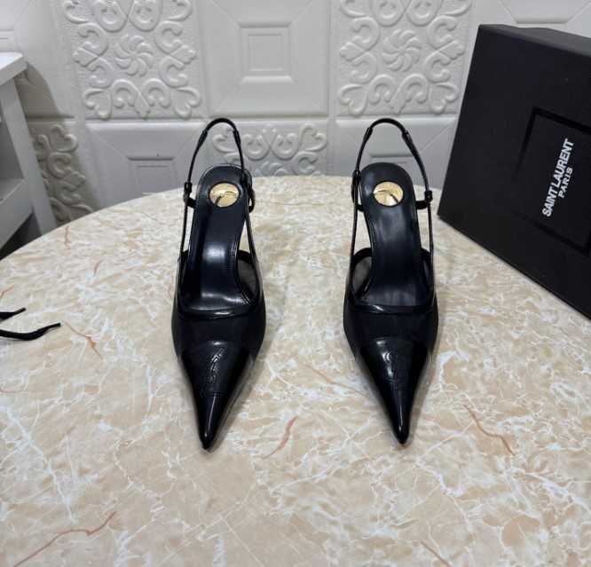Ekskluzywne Czarne Szpilki Slingback YSL Siateczka Mesh 34-43