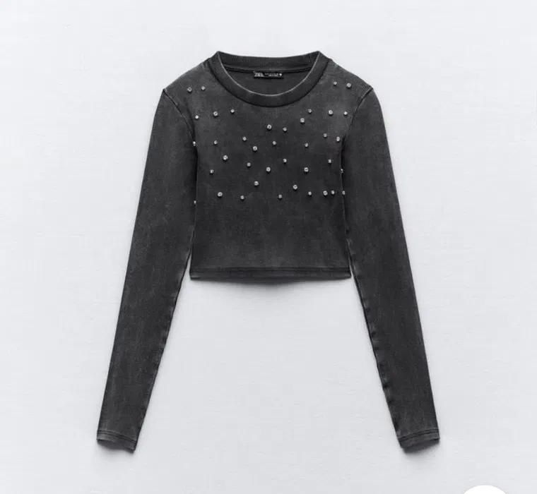 Лонгслів у рубчик з камінчиками ZARA S