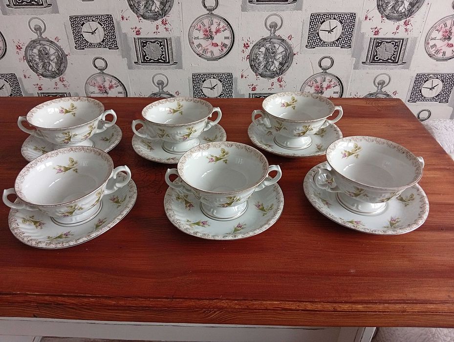 Bulionówki ze spodkami Chodzież PRL komplet 6 sztuk