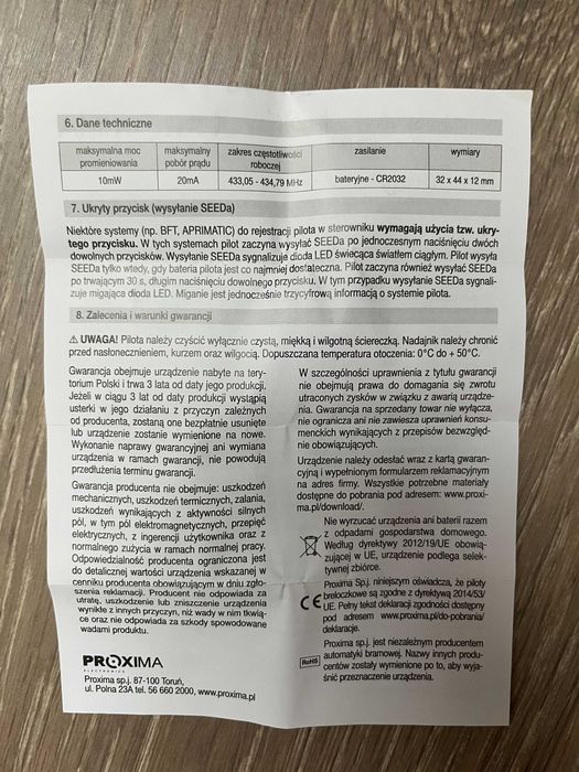 2x Pilot do bramy Proxima MINI – zamiennik LiftMaster / Chamberlain 433 MHz