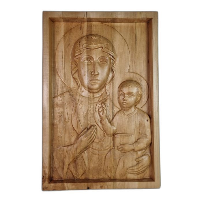 Matka Boska Częstochowska z Dzieciątkiem – lipowa płaskorzeźba 36,5 × 55 cm