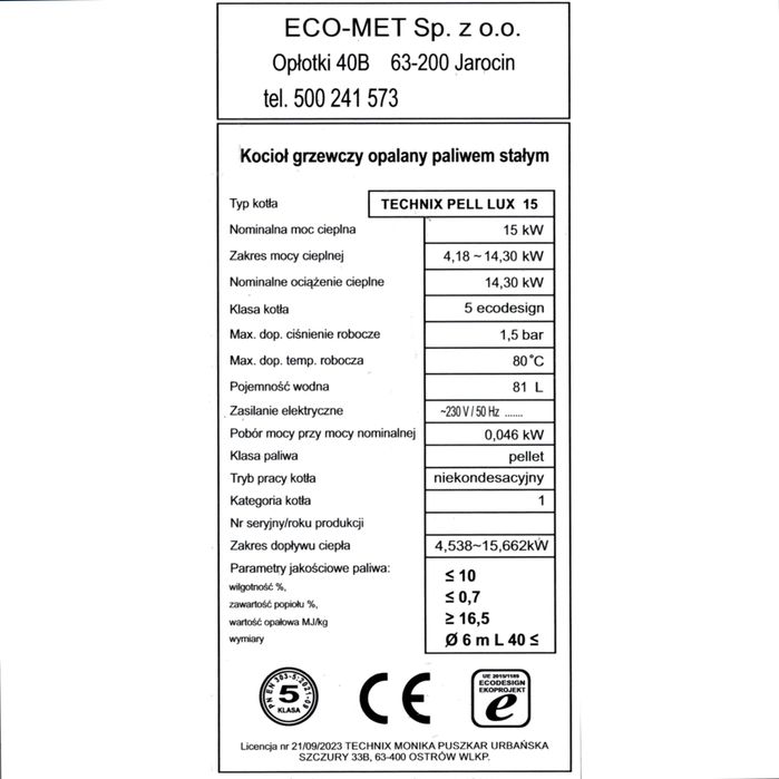 Dofinansowanie dotacja Kocioł TECHNIX PELL LUX 15kW pellet
