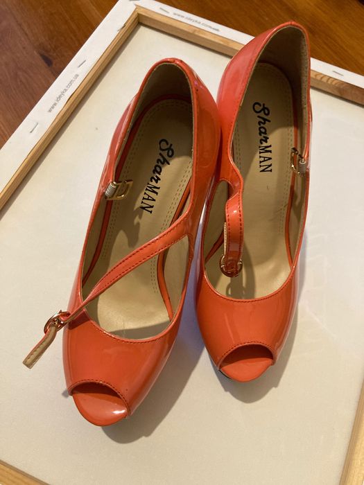 Жіночі босоніжки на високих підборах, лакові, коралові, sharman, р.36