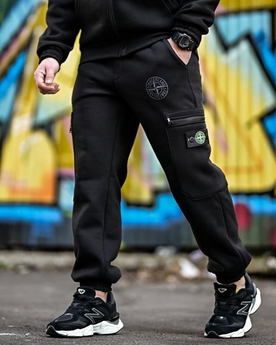 Чорний теплий на флісі зимовий спортивний костюм Stone island Tetra