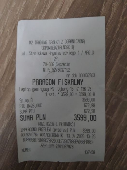 Laptop msi miesiąc temu kupiony nowy