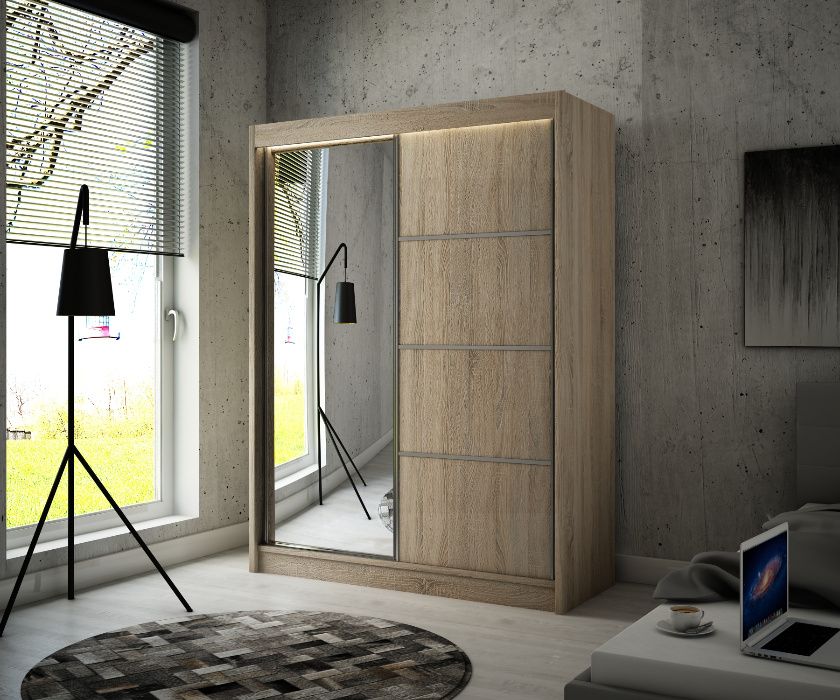 Duża szafa PIANO 200cm przesuwna z Lustrem Dąb Sonom Darmowa Dostawa