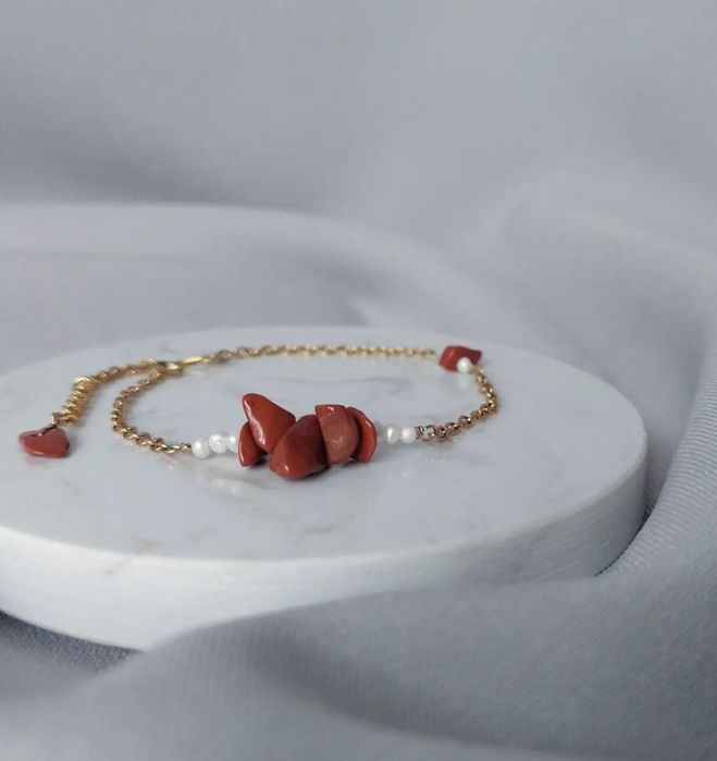 Złota bransoletka, jaspis czerwony, perełki słodkowodne święta prezent