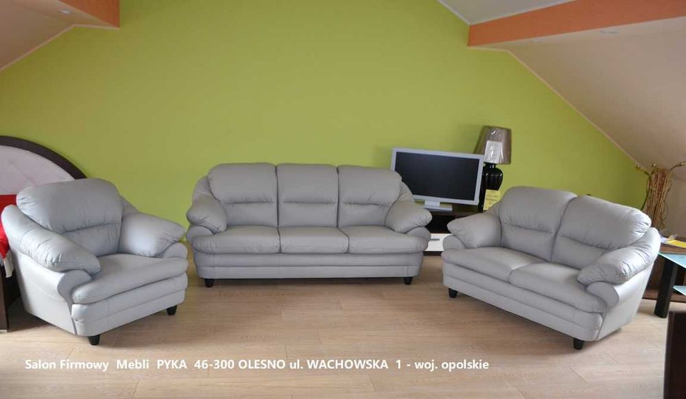 Nowy Komplet 3+2+1 SARA w Skórze Naturalnej - kolor SZARY = MEBLE PYKA