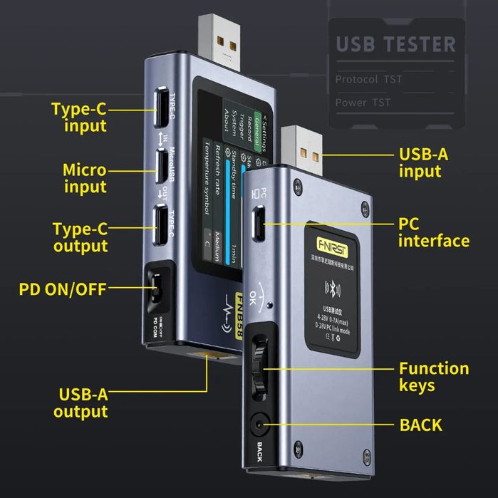 USB тестер FNIRSI FNB58 BT з Bluetooth, PD, QC