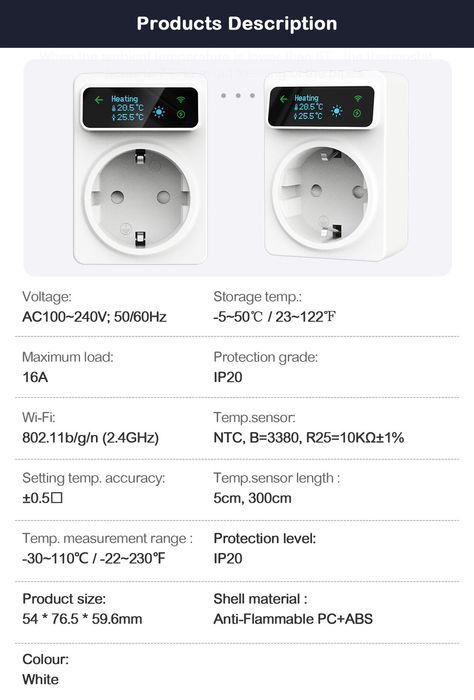 Wifi Термостат-розетка з дисплеєм та зовнішнім датчиком (Tuya)
