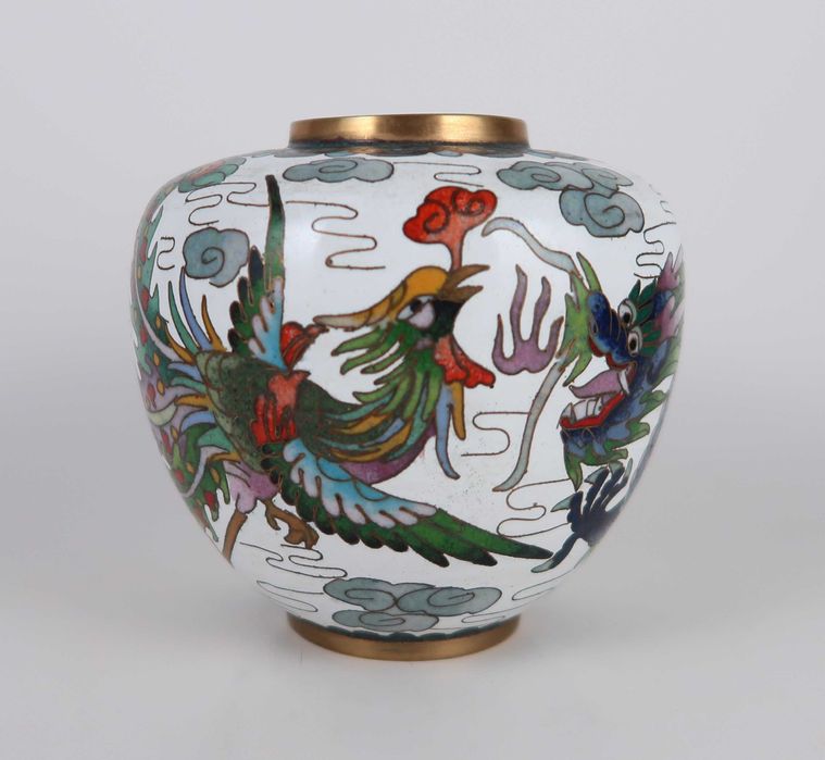 Pote sem tampa cloisonné antigo - Fênix e Dragão