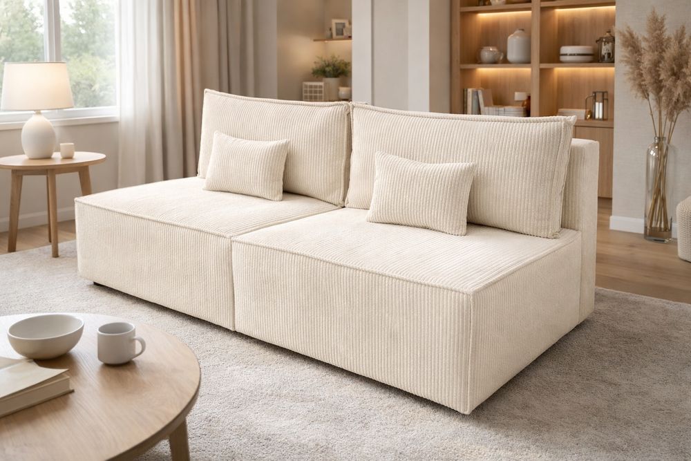 OD RĘKI sofa rozkładana z pojemnikiem BEŻOWY SZTRUKS WYPRZEDAŻ -50%