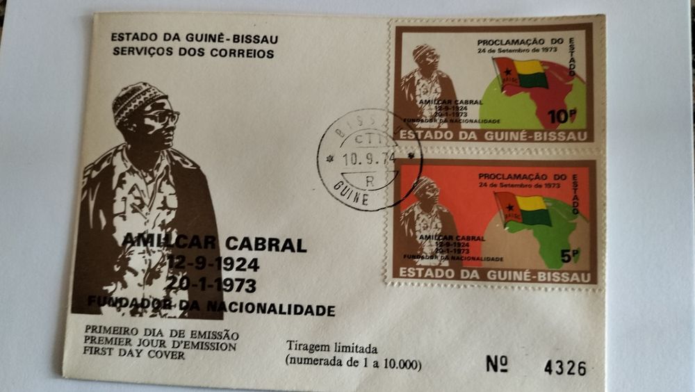 Envelope com foto de Amilcar Cabral com selos e carimbo com data