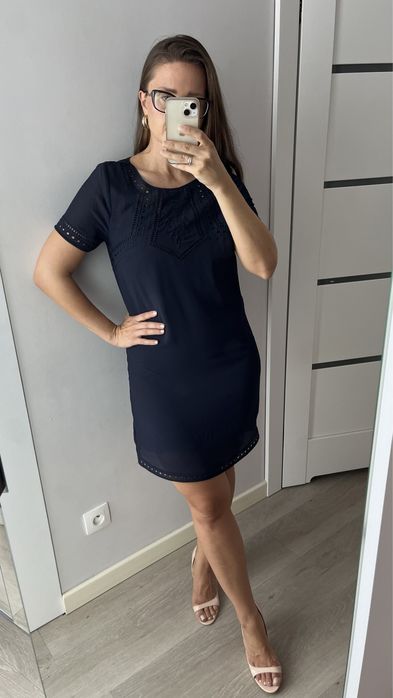 Granatowa ażurowa sukienka H&M z halką boho 36