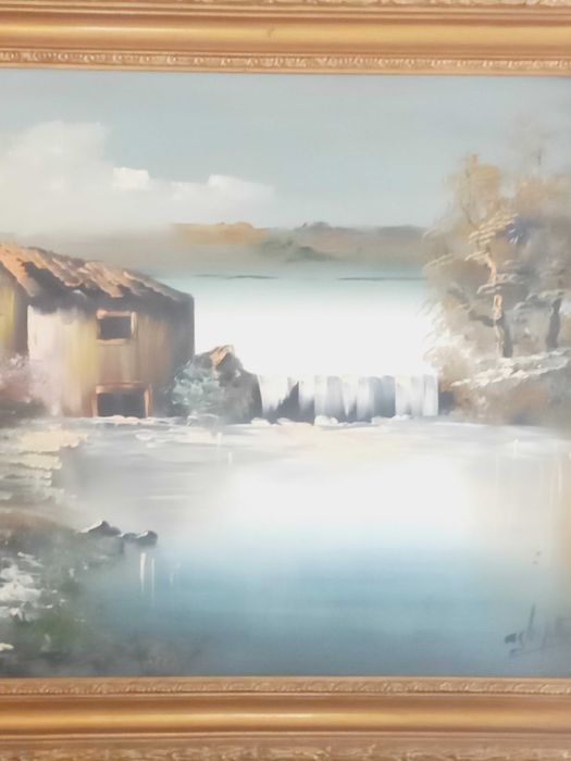 Quadro pintura a óleo, tema rural 129 x 79 cm
