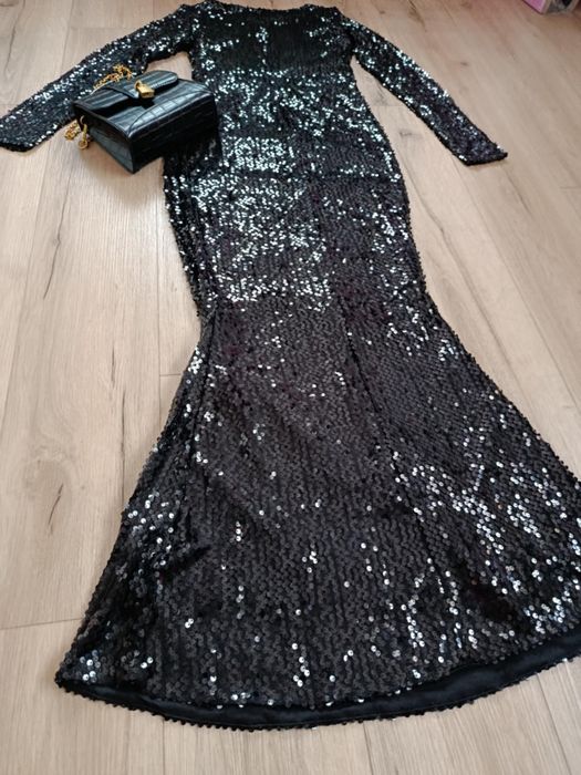 Sukienka cekinowa maxi czarna kobieca evening glam 34 stan b. Dobry