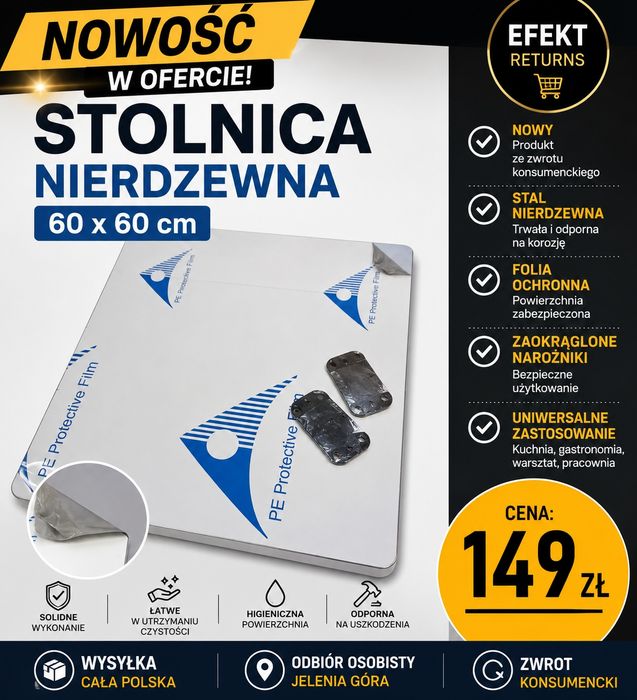 Stolnica / blat ze stali nierdzewnej 60x60 cm – nowa