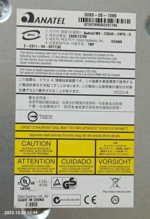 комутатор Cisco Catalyst 3560G-24TS-S 24 порти Gigabit Ethernet,