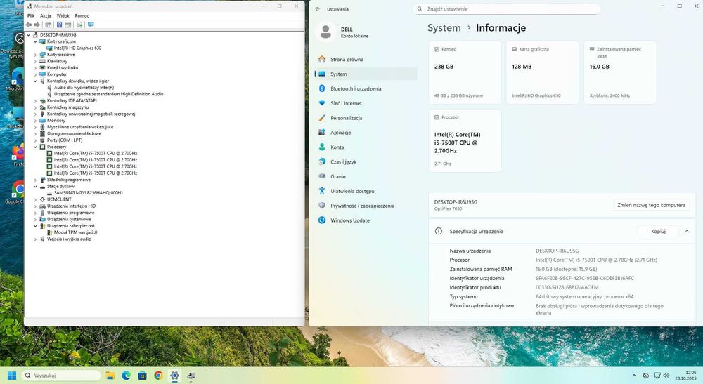 DELL OptiPlex 7050 Micro Business Intel i5-7500T RAM 8GB SSD M.2 256GB