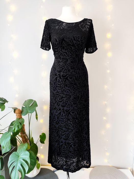 Sukienka czarna elegancka welurowa M&S Collection kwiaty wzory