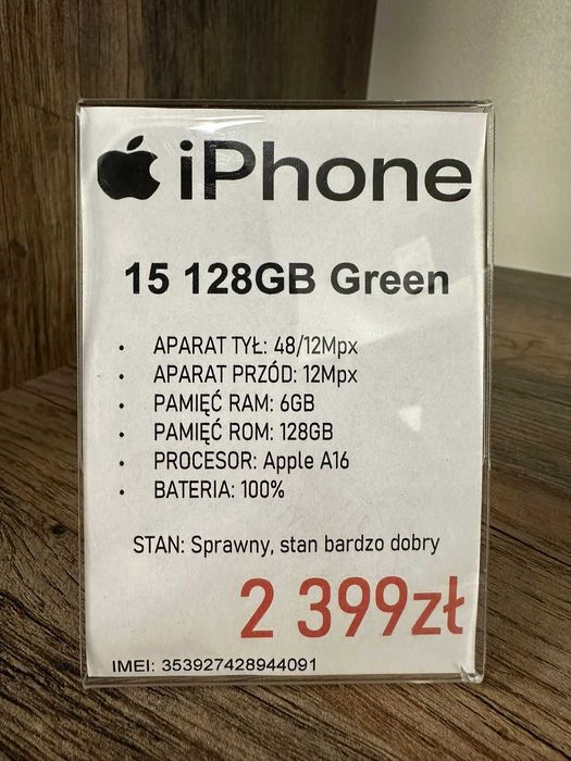 Smartfon Telefon Apple iPhone 15 128GB Green stan bdb gwarancja
