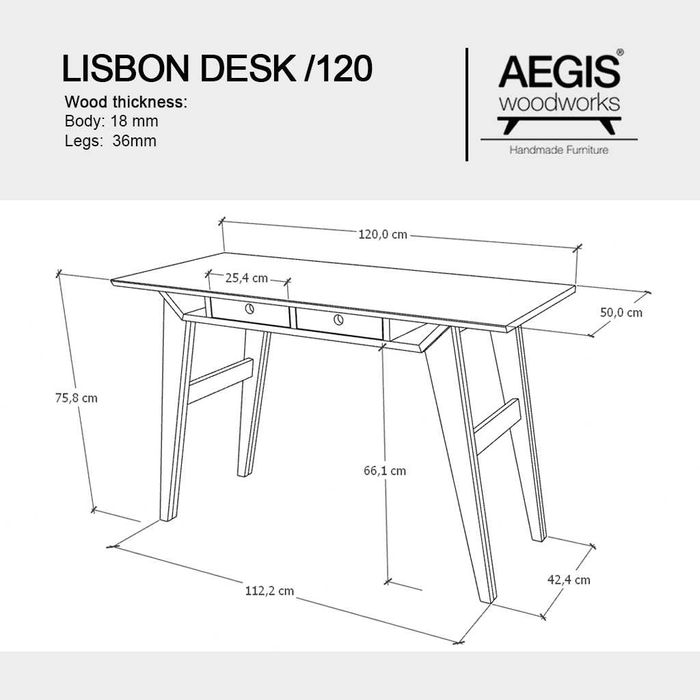 Secretária nórdica em madeira com duas gavetas. Madeira maciza.