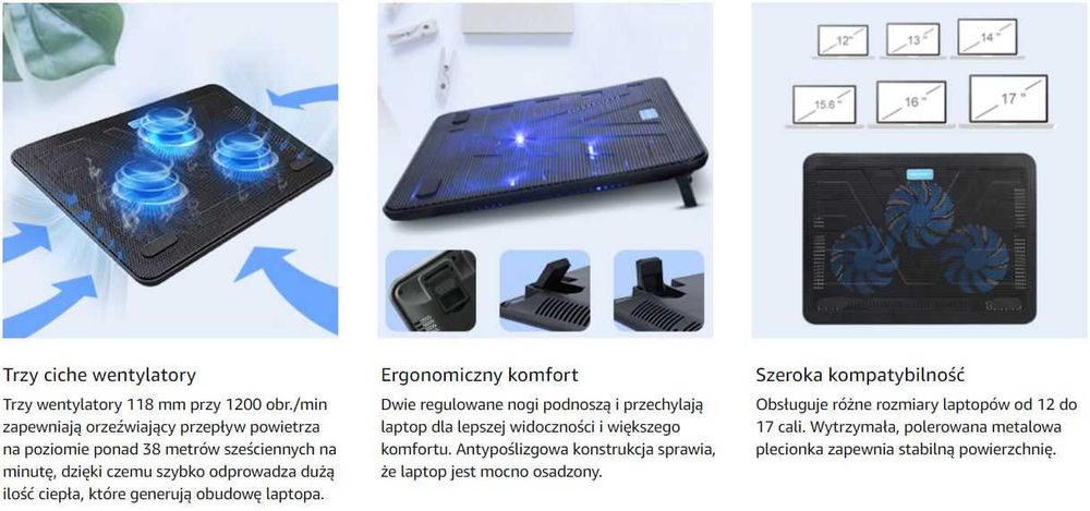 TECKNET Podstawka chłodząca do laptopa 12''-17'' chłodzenie 2x USB LED
